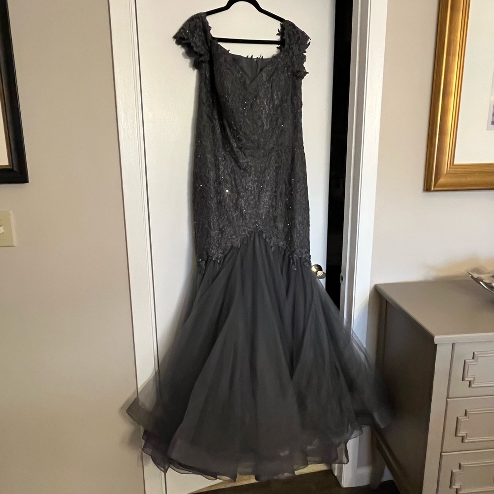 Gunmetal lace and tulle gown. Size 16. By Madeleine Gardener New York.